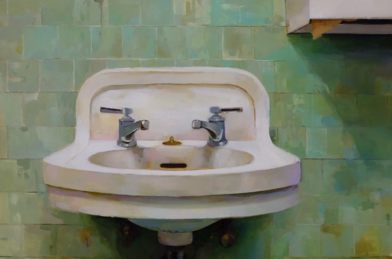 a highly realistic oil painting of the sink from the third floor of the Fine Arts building. green tile, white sink, paper towel dispensor