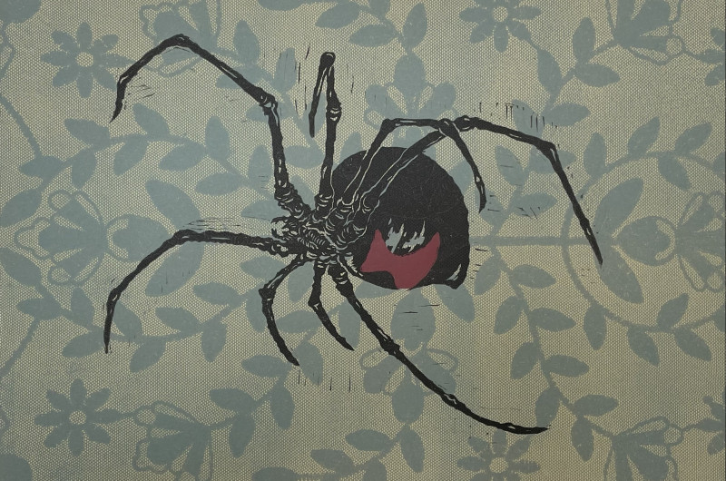 a print with a tan and grey lace background and a large black widow spider block-printed on top