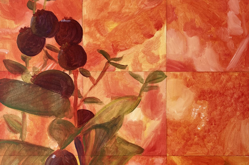 abstract image of reddish field with blue mountains and yellow sun in the background, up close are berries growing on a bush