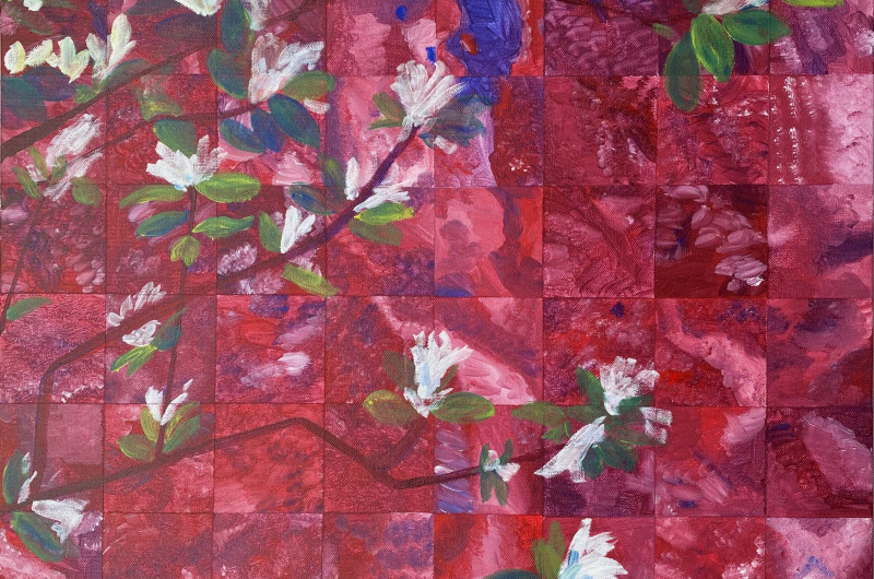 tiled image with abstract pink and blue background, painting of dogwood branches and blossoms