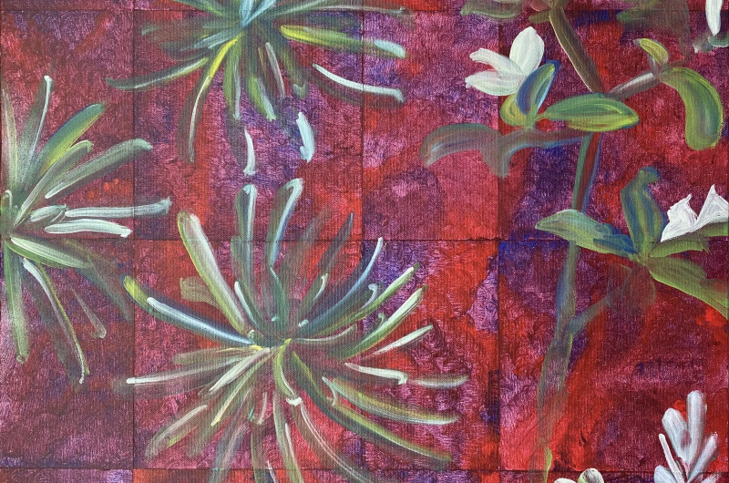 pink red and purple background with green leafy bundles and dogwood blossoms on branches