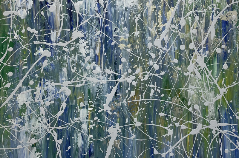 abstract wash and drip painting in blue, teal, green, yellow, and white with drips and splashes