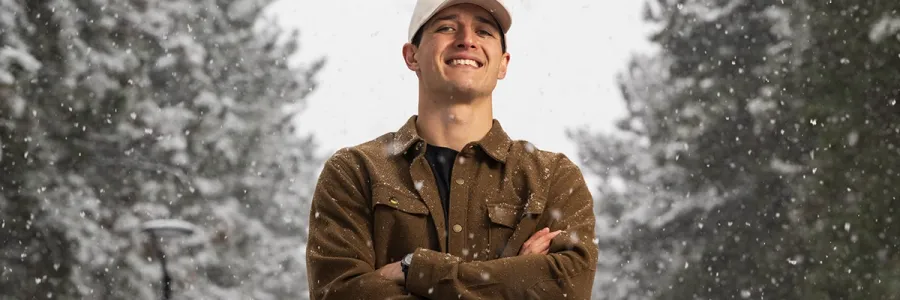91��Ԫ student James Straw poses for a photo on a snowy day in Missoula. James Straw was recently named the 91��Ԫ's latest Marshall Scholar.
