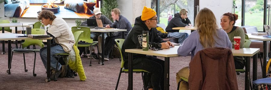 groups of students studying and talking at an array of tables
