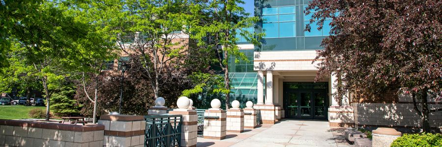 entrance of the Gallagher Business Building with trees in bloom