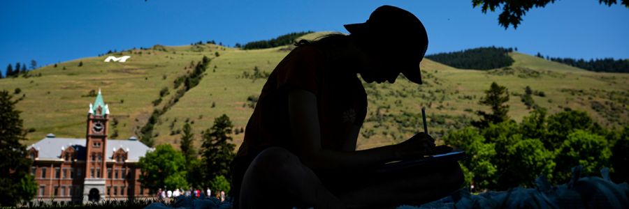 silhouette of a person studying outside with University Hall and the M trail in the background