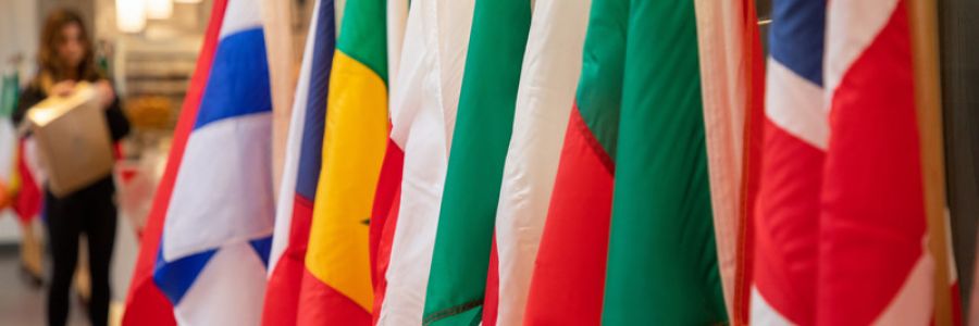 close up view of a row of the flags of various nations