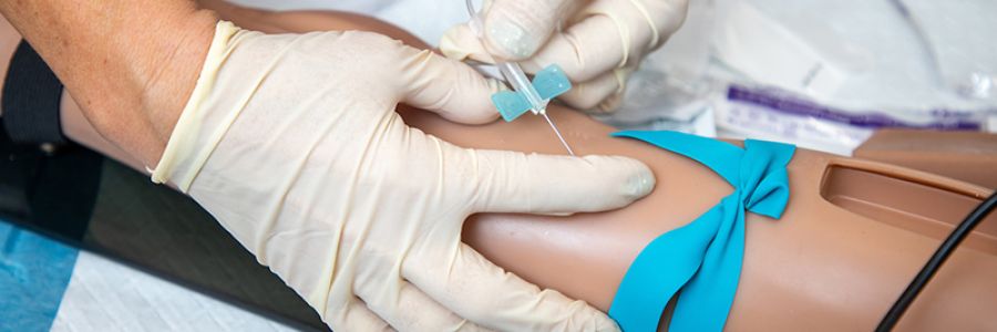 two gloved hands inserting a needle into the arm of a medical practice dummy