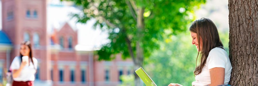 student smiling and working on laptop while leaning against a tree with university hall in the background