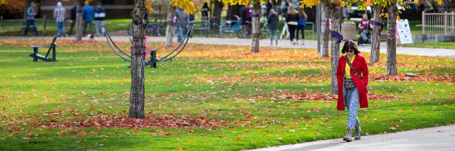 person walking along sidewalk on UM campus with fall landscape behind