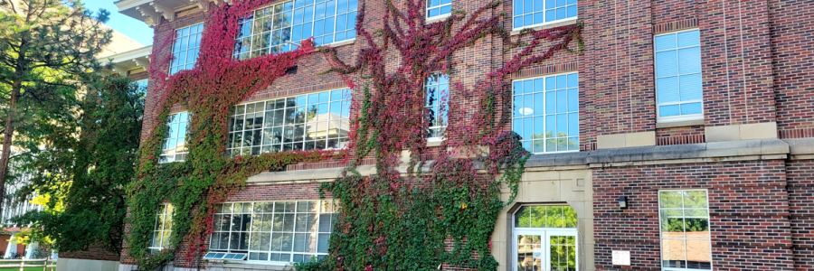 UM chemistry building with green and purple ivy plant growing up the sides