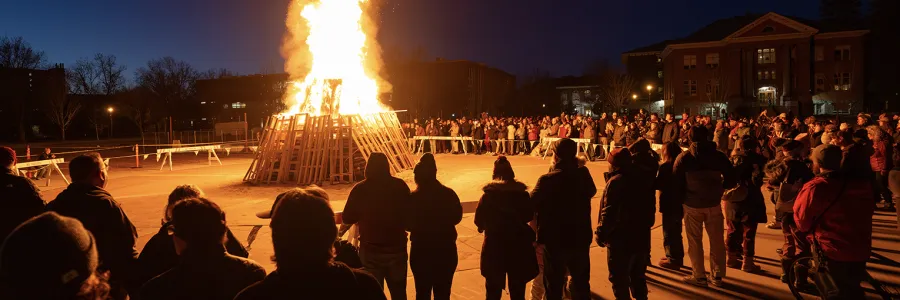 Students surround a bonfire on campus 