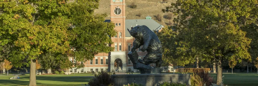 The Grizzly Bear statue and Main Hall illuminated by evening light on the campus of the ؿ in Missoula, ؿ.