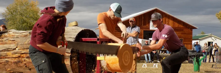 Members of UM Club Woodsman Team compete in a log-sawing competition