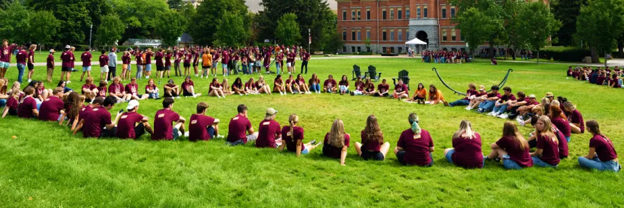group of students sitting outside on the ground in large circles