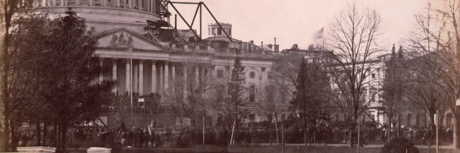 Inauguration of President Lincoln. U.S. Capitol dome under construction in background, on March 4, 1861. Source: Library of Congress CALL NUMBER: LOT 12251, v. 2