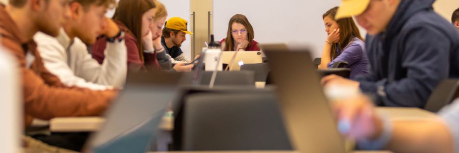 group of students working on laptops at a long table