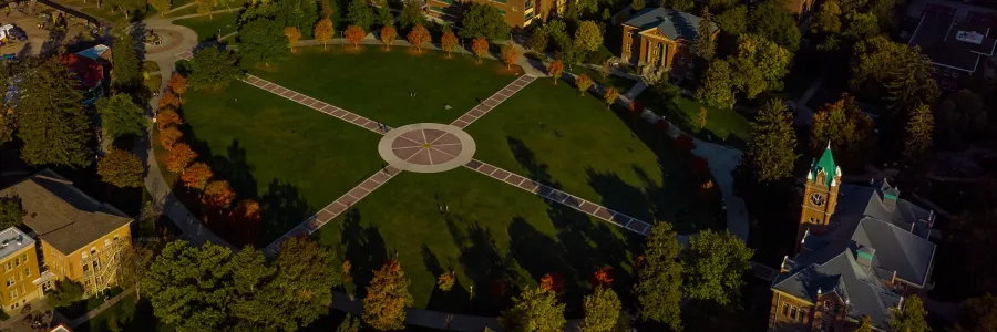 Aerial view of the UM oval surrounded by trees. Autumn foliage adds color to the scene and University Hall is seen in the bottom right