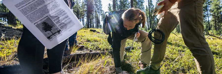 A University of Montana student uses a tool that measures the water content of soil during a Natural Resource Management course where the classroom is Lubrecht Experimental Forest.