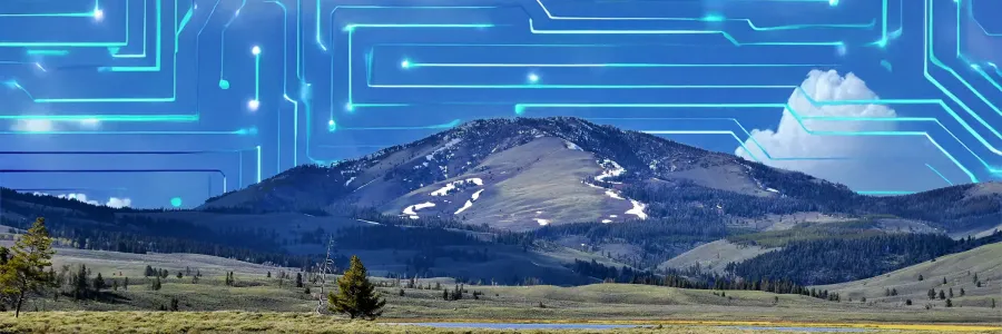 a snowy mountain below a blue sky with white circuit board designs in the sky