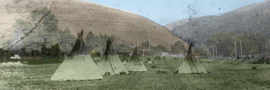 archival image of several tipis set up in Missoula overtop an image of how things look presently