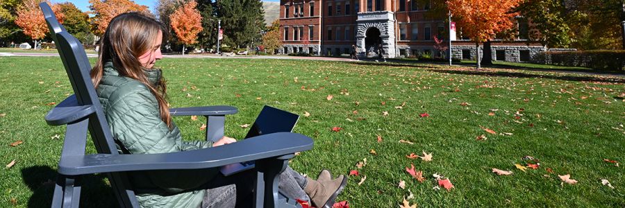 student working on their laptop outside sitting in a chair near University Hall