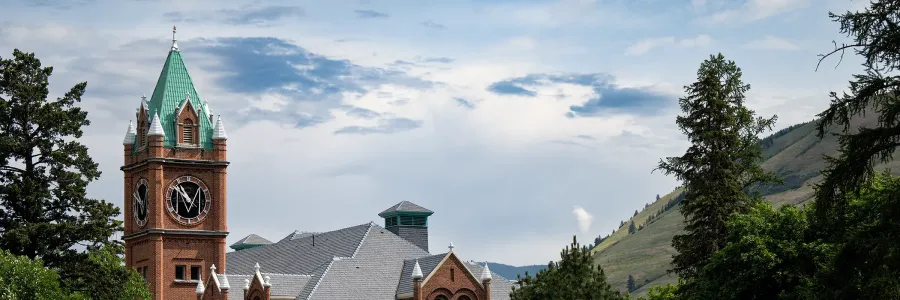 The clock tower and green roof of University Hall, set against a cloudy sky and mountains in the background.