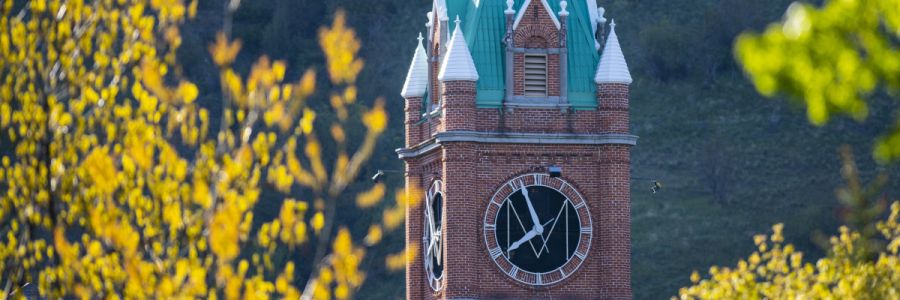University Hall clock tower seen through autumn colored leaves