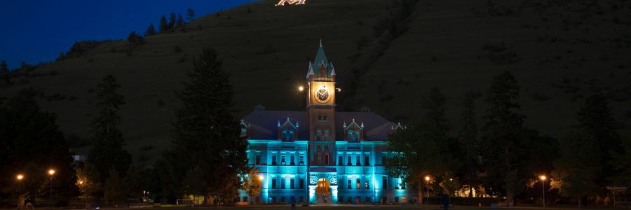 University Hall lit up at night with the M of the M trail behind covered in lights
