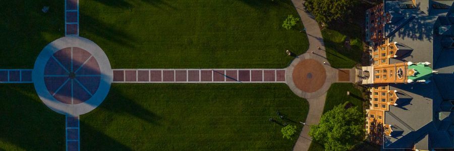UM oval from directly overhead with University Hall on the right side
