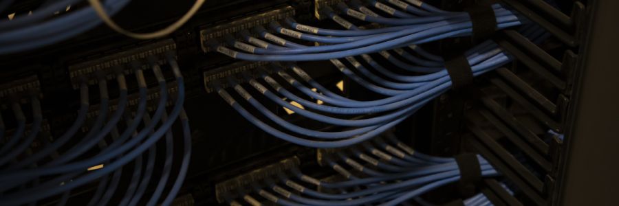 closeup view of rows of ethernet wires plugged into equipment
