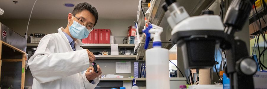 person in lab coat and mask working with equipment in a laboratory