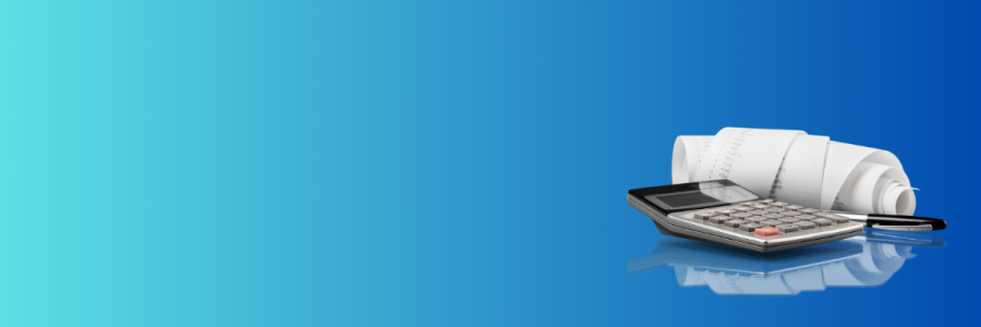 illustration of a calculator, pen and roll of receipts on a blue gradient background