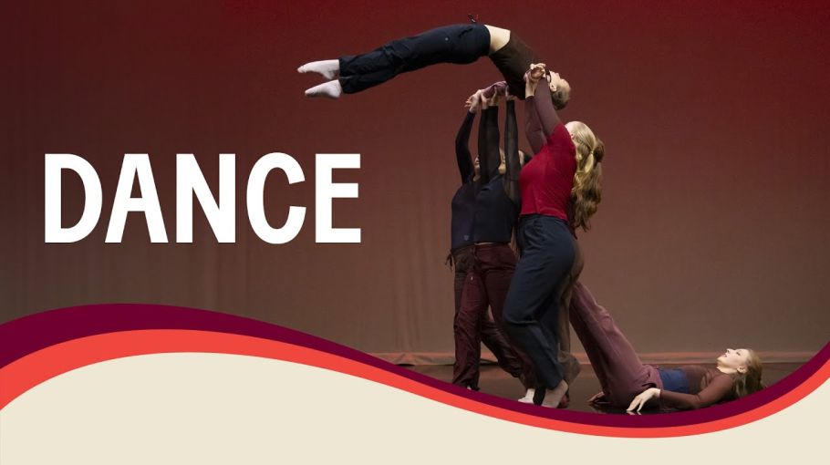 A group of UM students hold up another student during a dance performance. The word DANCE appears on screen