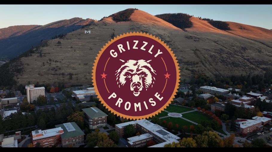 Grizzly Promise logo over aerial photo of UM campus