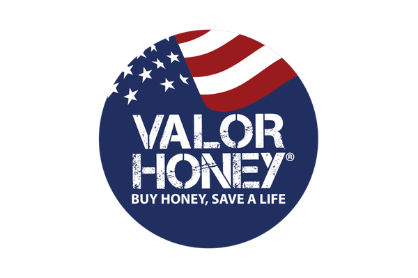 Valor Honey logo with an American flag and the tagline Buy honey, save a life