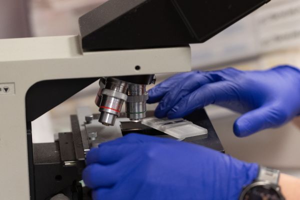 Lab tech viewing something under a microscope