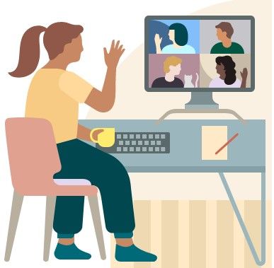 person on a zoom call, waving to others on their computer