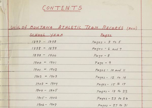 Table of contents for �����ؿ� Athletic Team Records showing school years 1897-1907