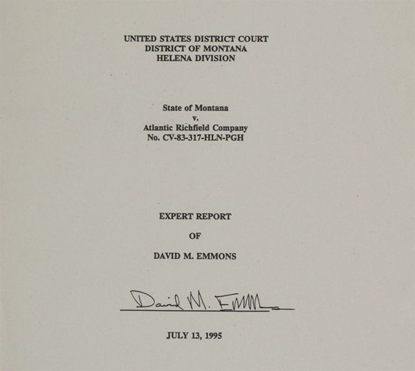 Signature page of expert testimony "United States District Court District of �����ؿ� Helena Division. State of �����ؿ� v. Atlantic Richfield Company No. CV-83-317-HLN-PGH. Expert Report of David Emmons. July 13, 1995"