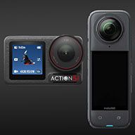 Image shows a dark grey action camera with a small screen showing a snowboarder. To the left of the action camera, a dark grey 360 camera is depicted.