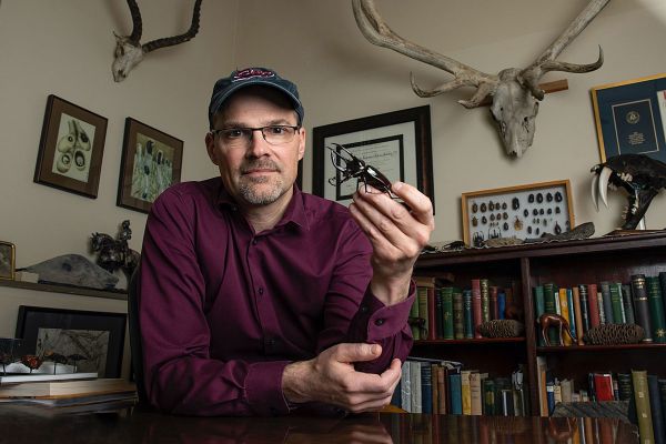 A person with a cap on their head holds a beetle and grins at the camera.