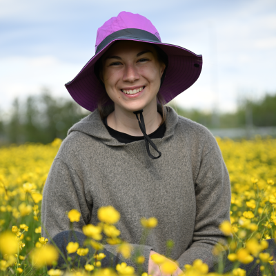 A person wearing a grey sweater and a fuchsia sunhat sits in a field full of small yellow flowers.