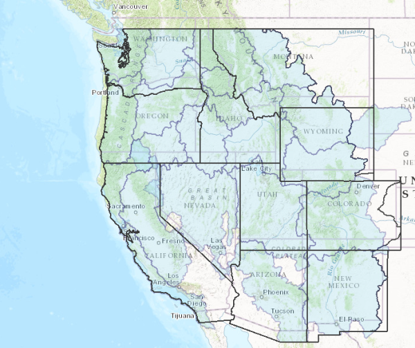 map showing various zones in western United States