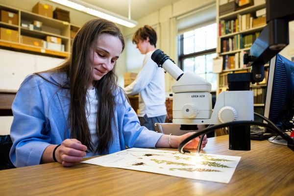 student sits at microscope observing a plant specimen