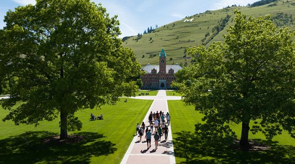Group of people walking toward Main Hall