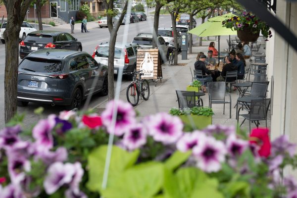 flowers in the foreground and parked cars on the street of a downtown street