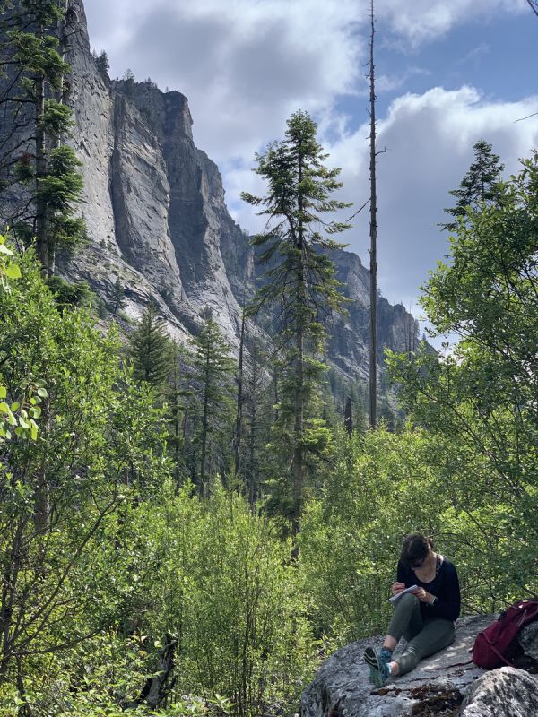 Schwanke participant sitting on a rock and writing.