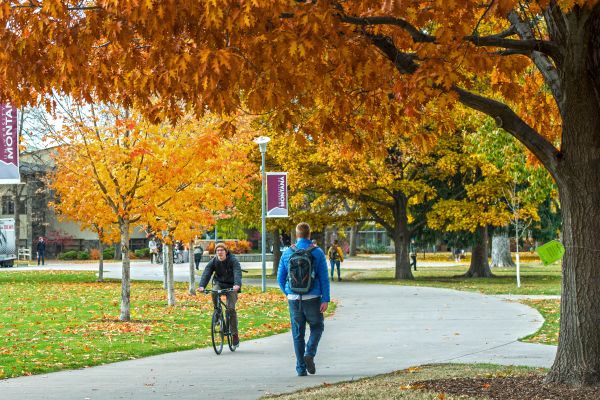 people walking on campus in the fall