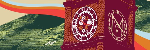 cartoon depiction of the University Hall clock tower with the M trail in the background